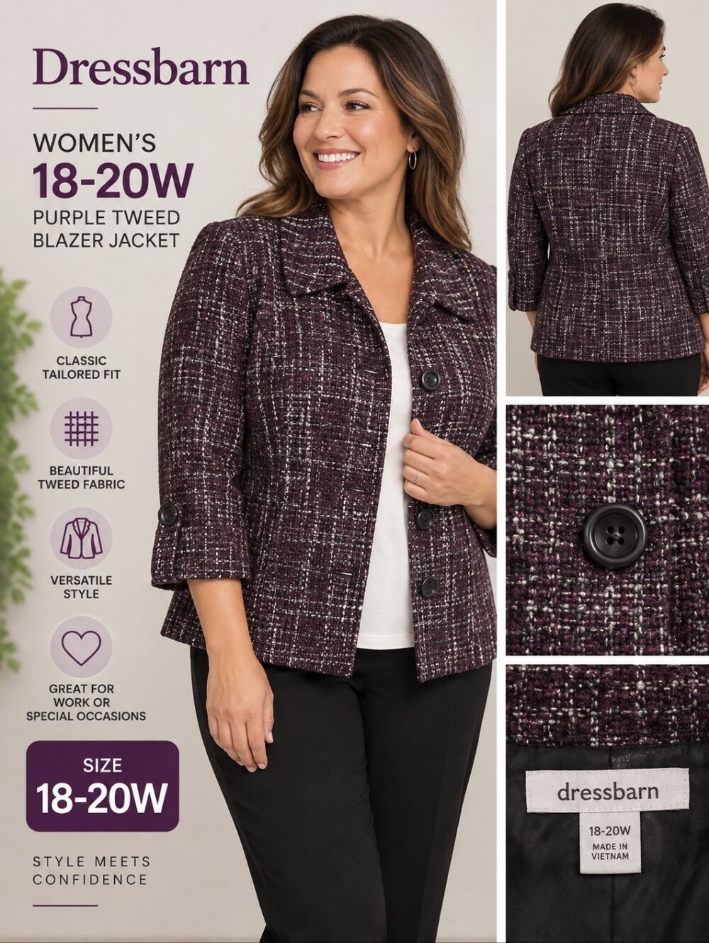 Dressbarn Women's 18-20w purple twead blazer jacket #21